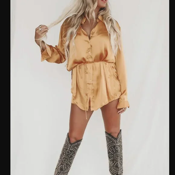 Shirt Dress Romper in Gold Honey Satin Waist Tie Long Sleeve Button Down - Picture 1 of 6